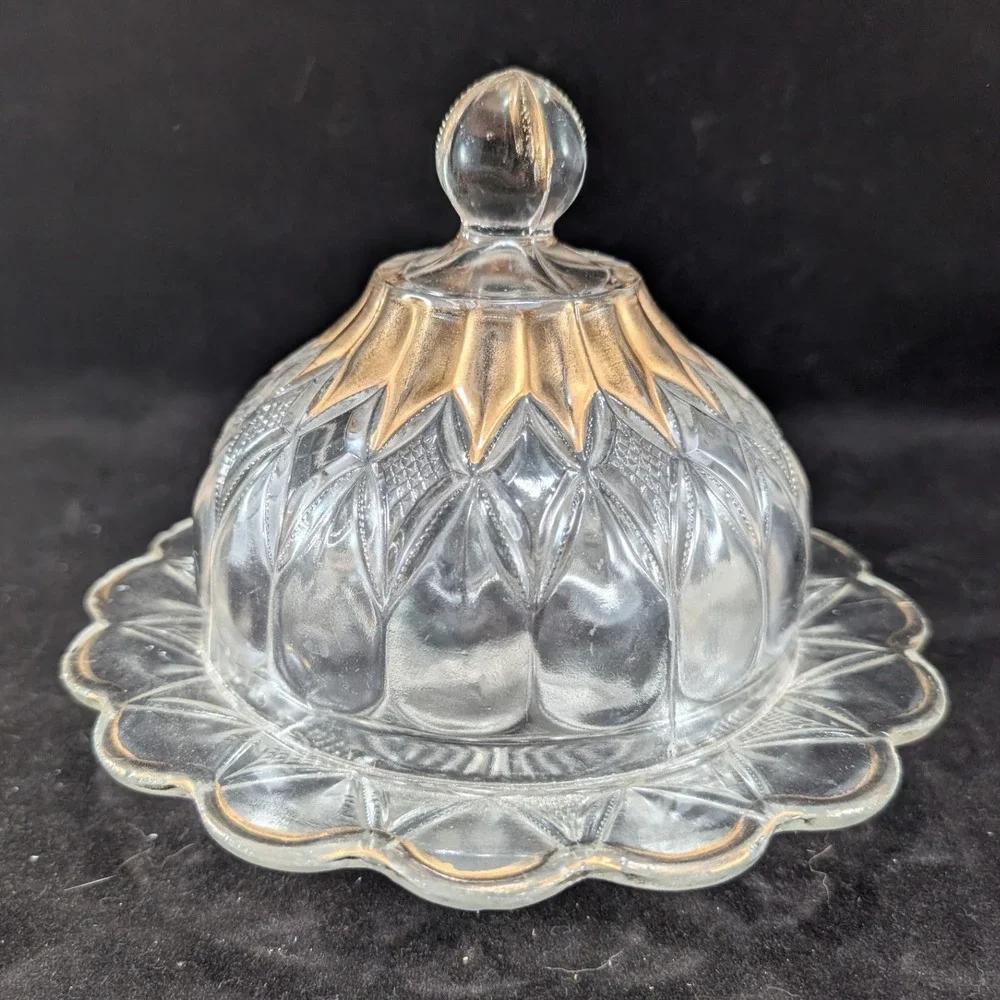 Vintage Pressed Glass Round Butter Dish Gold‎ Trim Scalloped Edge Sunburst Dome